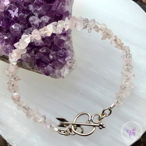 Rose Quartz Chip Bracelet with Silver Heart Toggle Clasp